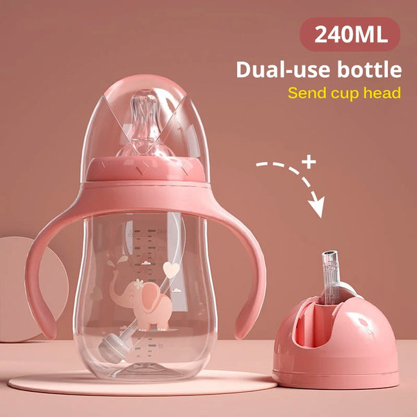Biberon à poignées rose 240 ml avec embout paille | Mybooni
