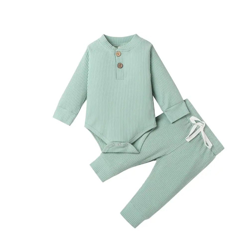 Ensemble 2 pièces bébé body côtelé/carreaux manches longues + pantalon - tenue nouveau-né 0-18 mois