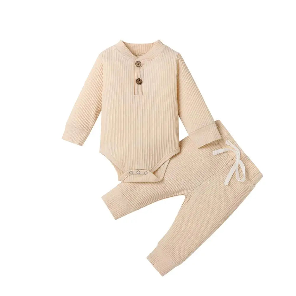 Ensemble 2 pièces bébé body côtelé/carreaux manches longues + pantalon - tenue nouveau-né 0-18 mois