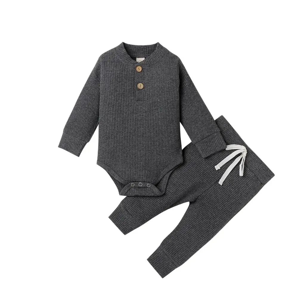 Ensemble 2 pièces bébé body côtelé/carreaux manches longues + pantalon - tenue nouveau-né 0-18 mois