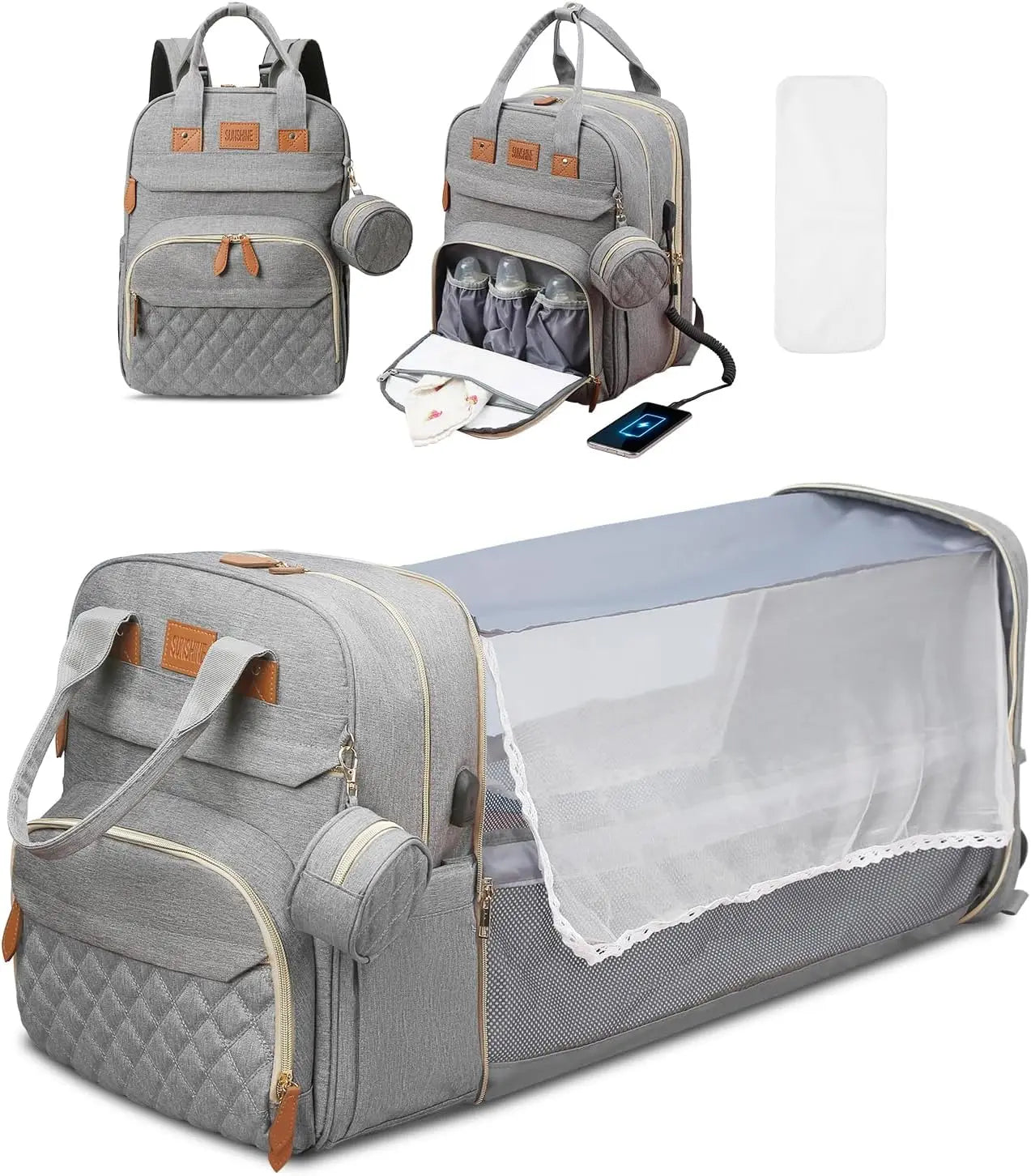 Sac à dos à langer 3-en-1 Mybooni — Table à langer + Lit de voyage + Port USB