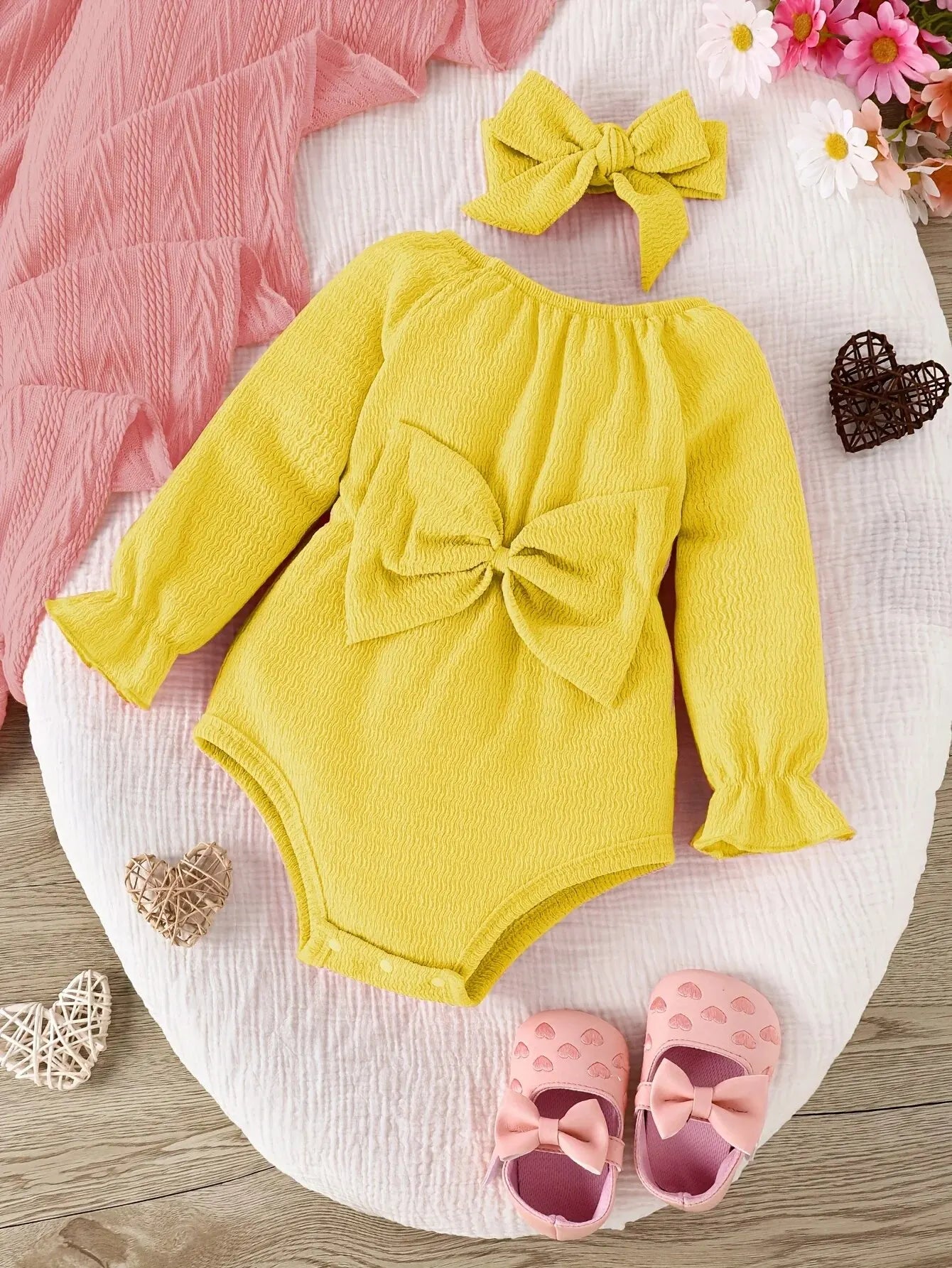 Body nœud manches longues + bavoir assorti bébé fille Mybooni — Lot 2 pièces