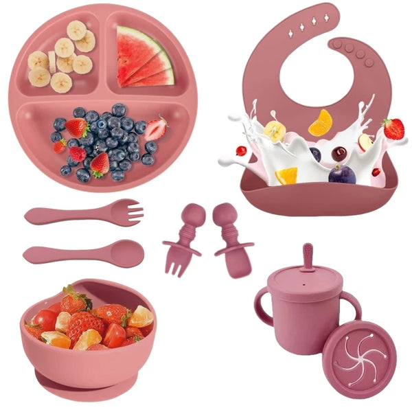 Set repas bébé silicone sans BPA ventouse - bol assiette tasse paille cuillère fourchette enfant