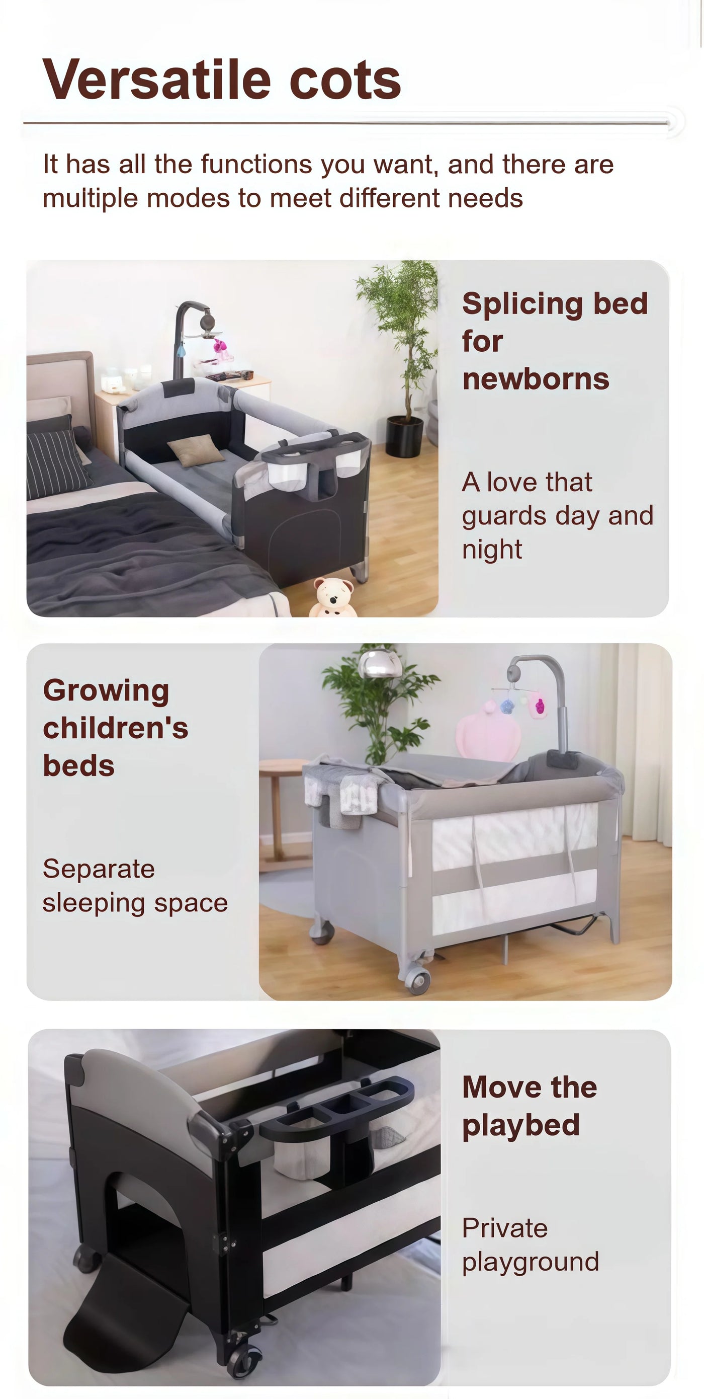 Lit bébé pliant portable hauteur réglable - berceau multifonction anti-basculement respirant côté dormeur