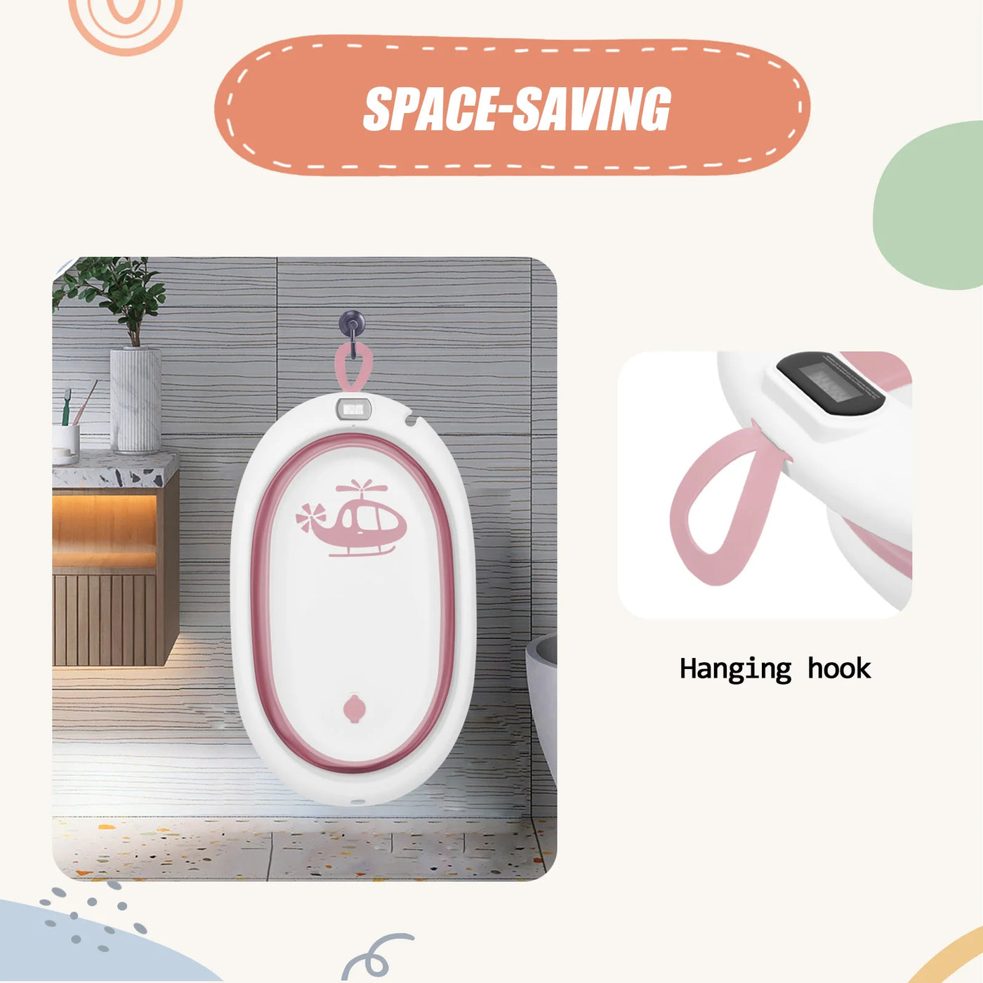 Baignoire bébé 0-18 mois pliable ergonomique - siège bain thermomètre avec support gris bleu rose