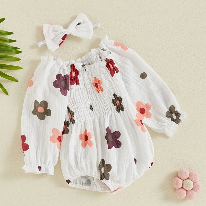 Ensemble bébé fille body fleuri Mybooni — Manches longues et bandeau nœud
