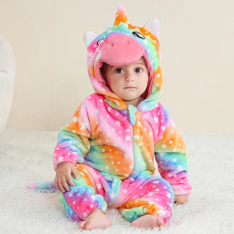 Combinaison pyjama bébé flanelle cartoon - grenouillère licorne/lapin/dinosaure animal