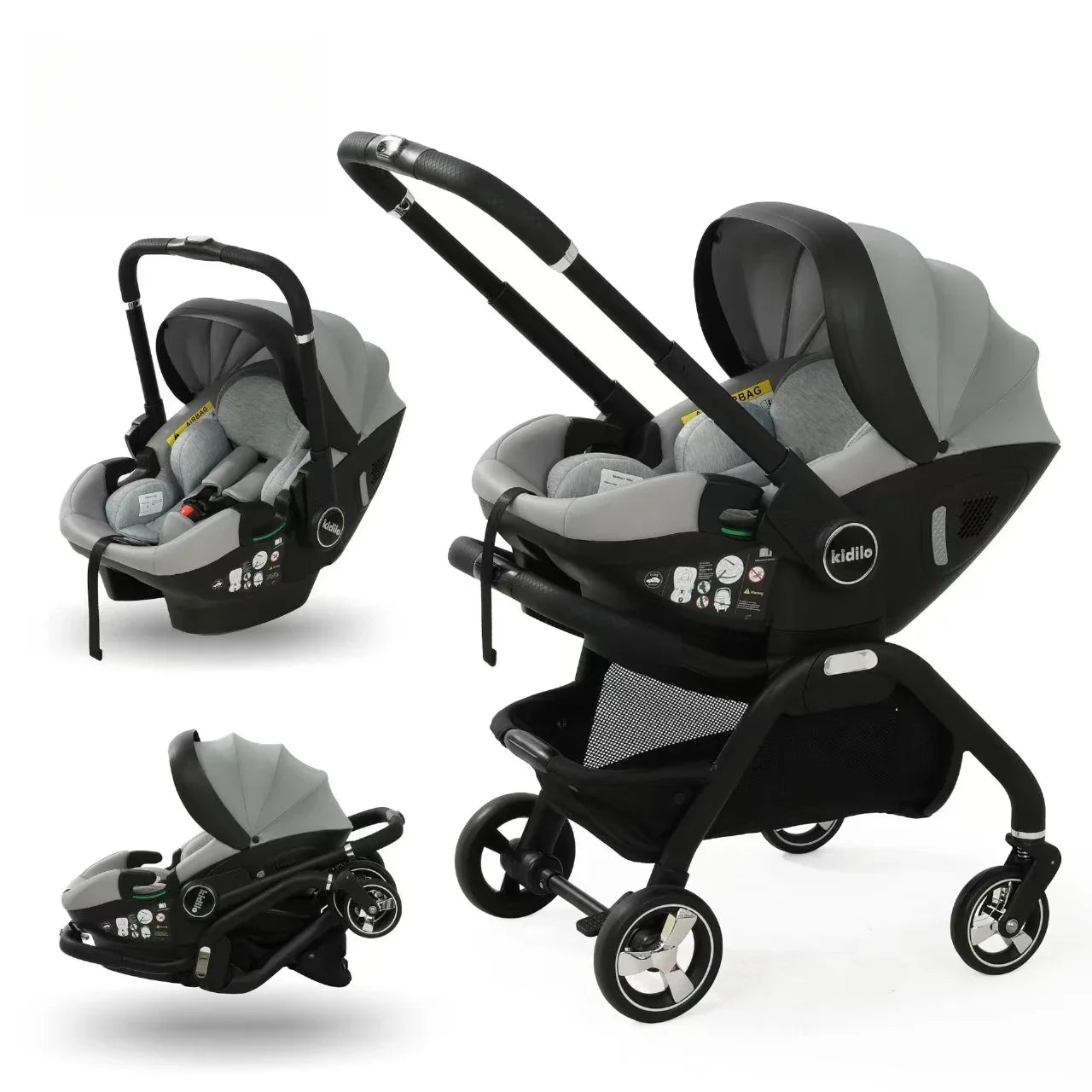 Poussette 3-en-1 portable nacelle bébé siège auto de luxe pliable