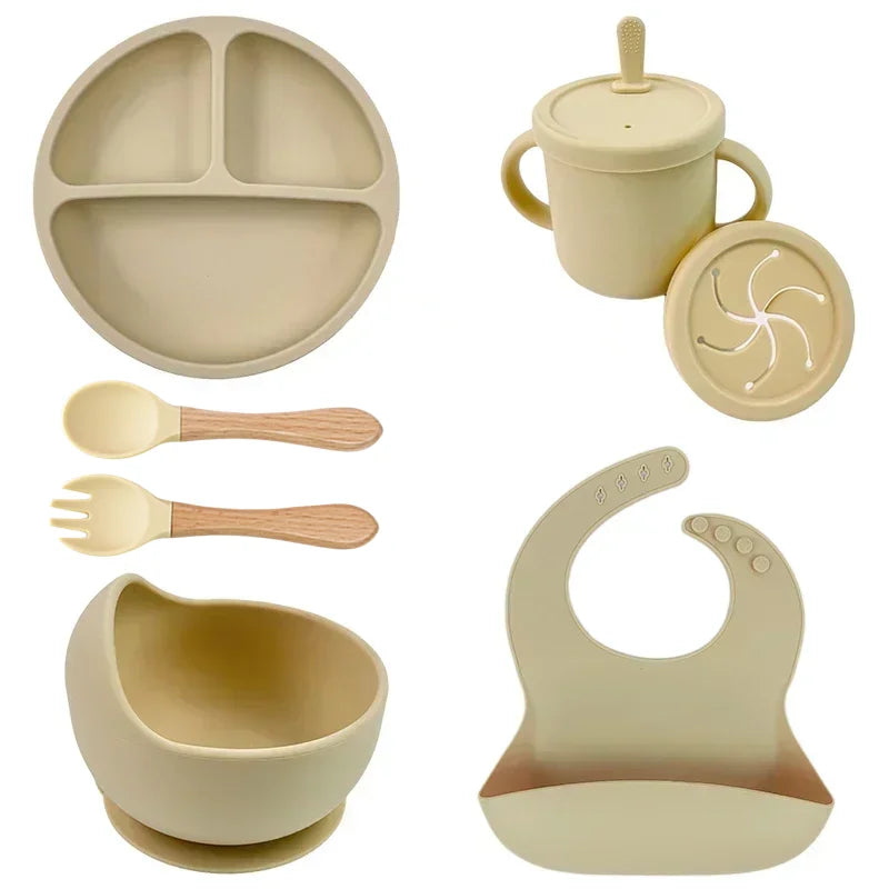 Set repas bébé silicone sans BPA ventouse - bol assiette tasse paille cuillère fourchette enfant