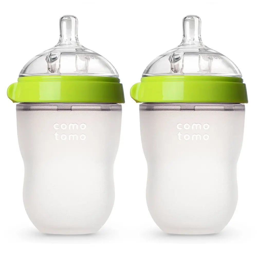 Lot 2 biberons bébé sans BPA Mybooni — Silicone 150 ml et 240 ml vert/rose