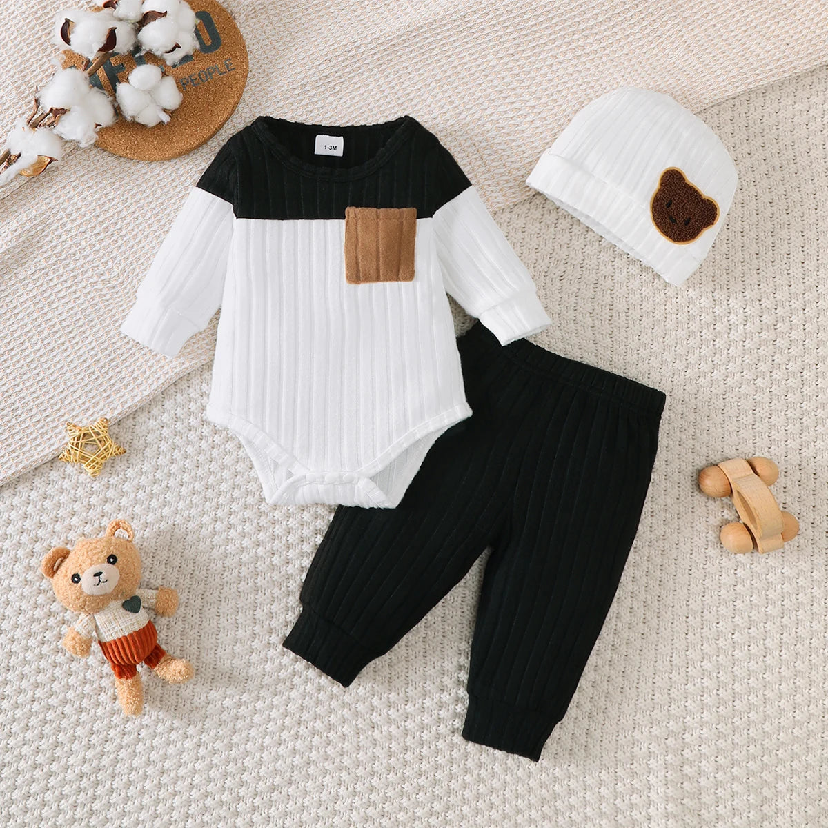 Ensemble 3 pièces bébé garçon rayé Bouni — Haut + Pantalon + Bonnet 0-18M