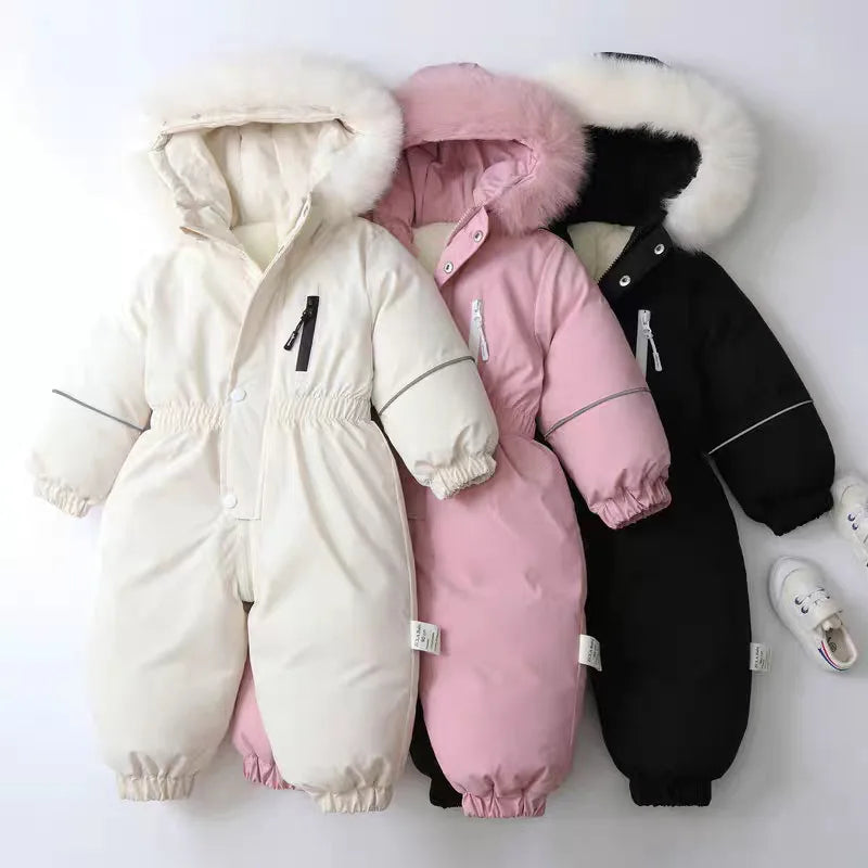 Combinaison ski bébé hiver capuche fourrure - grenouillère coupe-vent épaisse garçon/fille