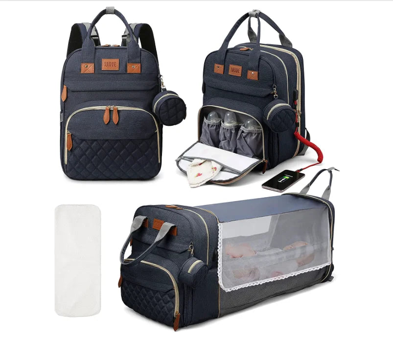 Sac à dos à langer 3-en-1 Mybooni — Table à langer + Lit de voyage + Port USB