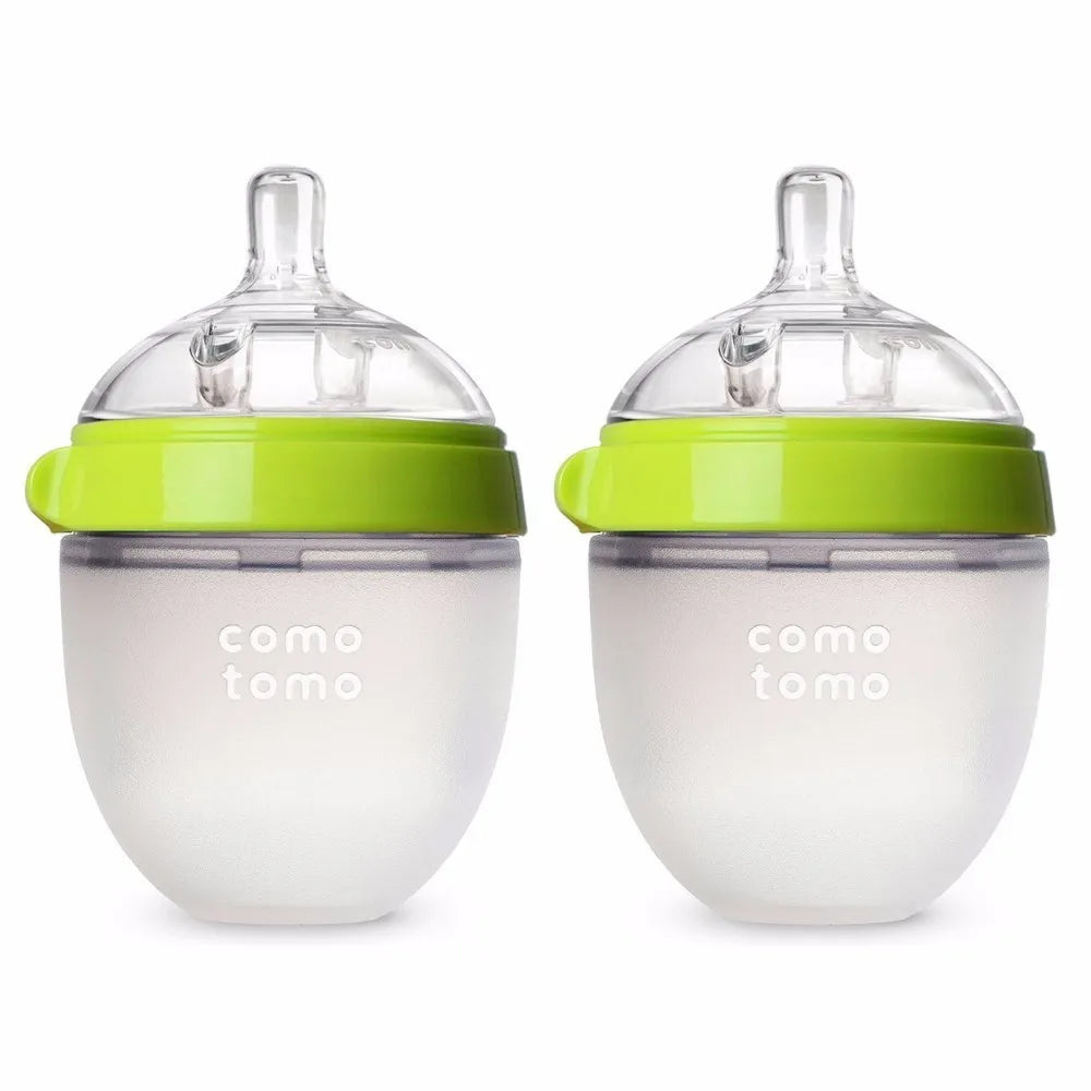 Lot 2 biberons bébé sans BPA Mybooni — Silicone 150 ml et 240 ml vert/rose