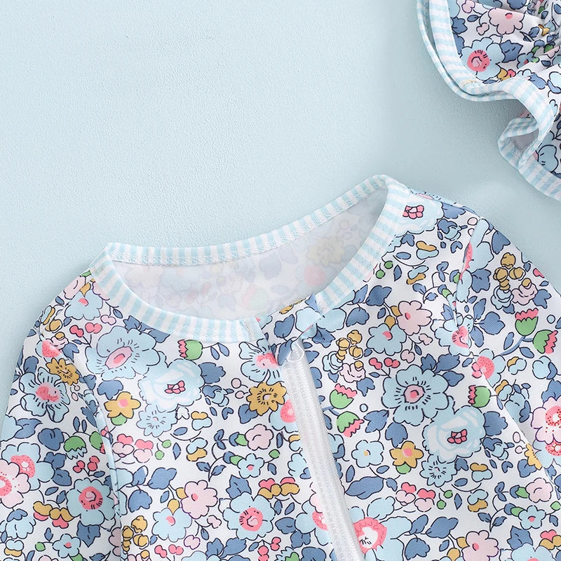 Maillot de bain anti-UV fille Mybooni — Volants imprimé floral avec chapeau