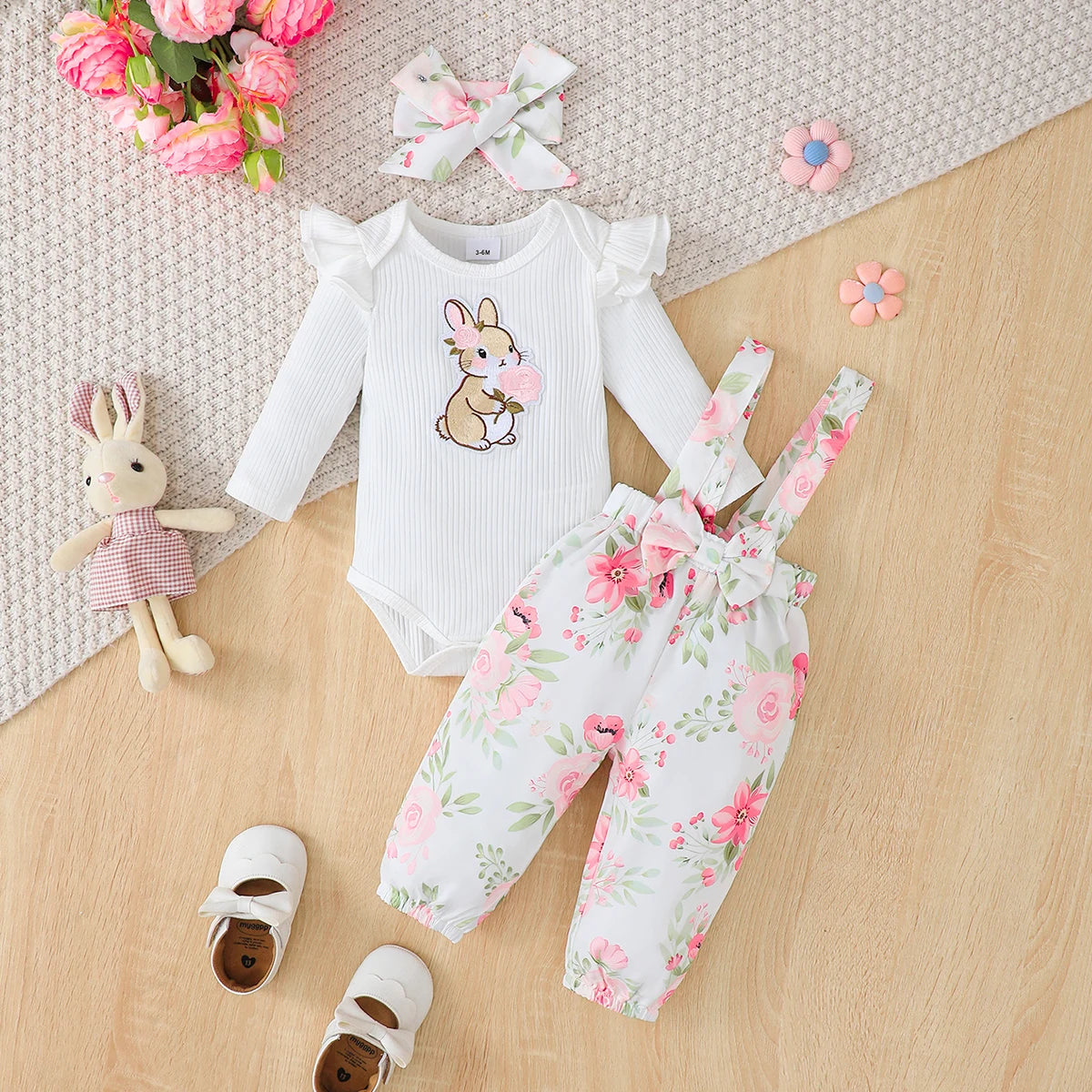 Ensemble 2 pièces bébé fille Bouni | Body rouge manches longues + Pantalon fleurs