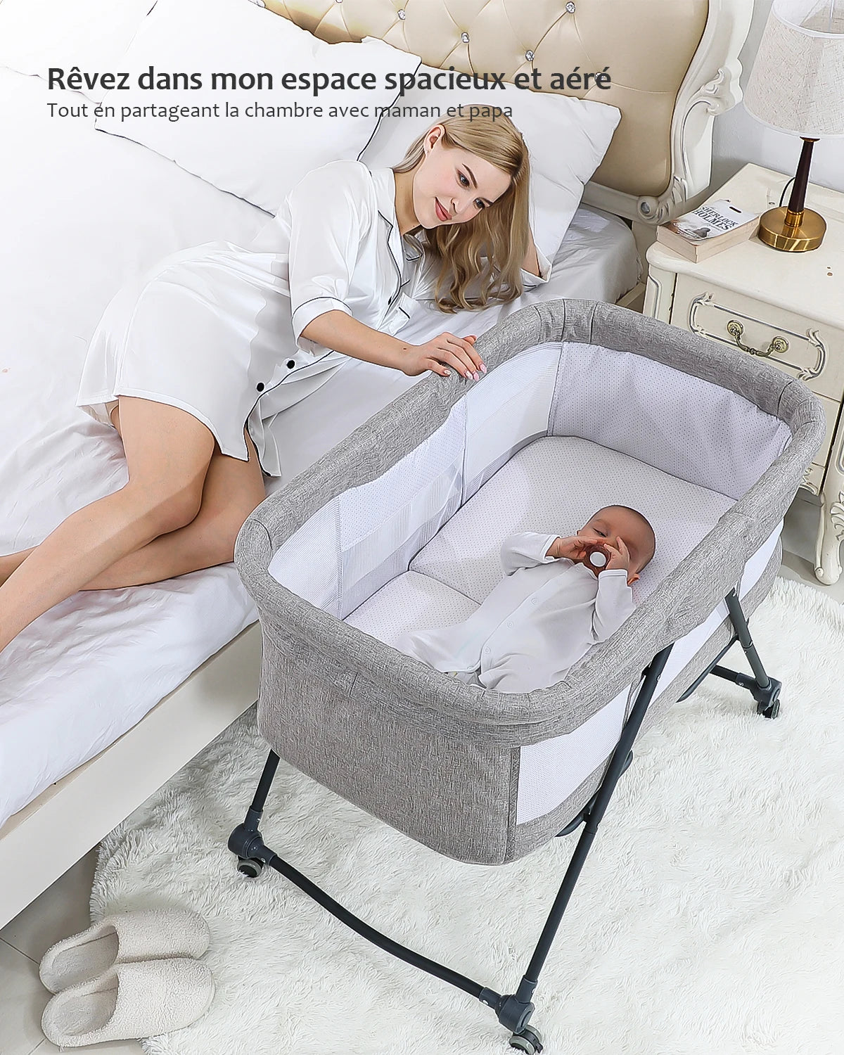 Lit de voyage bébé Mybooni — Matelas roulettes silencieuses berceau convertible