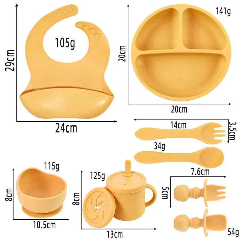 Set repas bébé silicone sans BPA ventouse - bol assiette tasse paille cuillère fourchette enfant