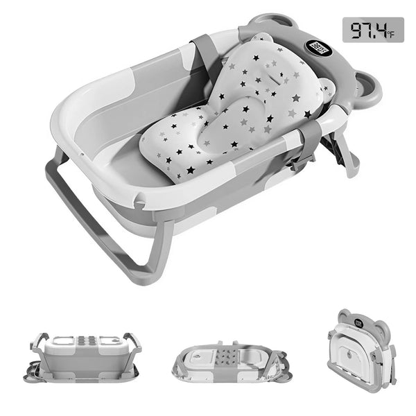 Baignoire bébé pliable grise avec thermomètre et coussin de bain | Mybooni