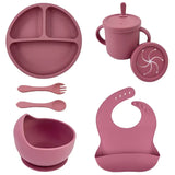 Set repas bébé silicone sans BPA ventouse - bol assiette tasse paille cuillère fourchette enfant