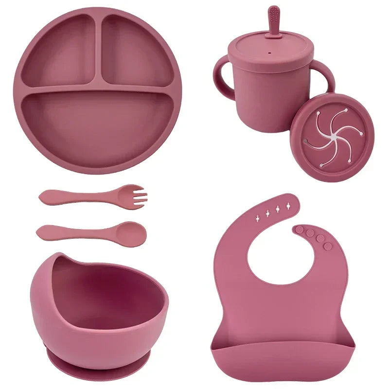 Set vaisselle bébé silicone sans BPA Mybooni — Bol ventouse assiette tasse couverts