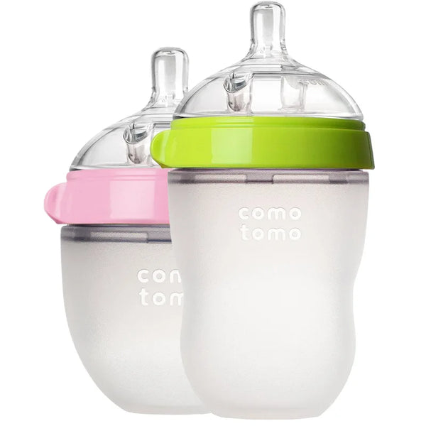 Lot 2 biberons bébé sans BPA Mybooni — Silicone 150 ml et 240 ml vert/rose