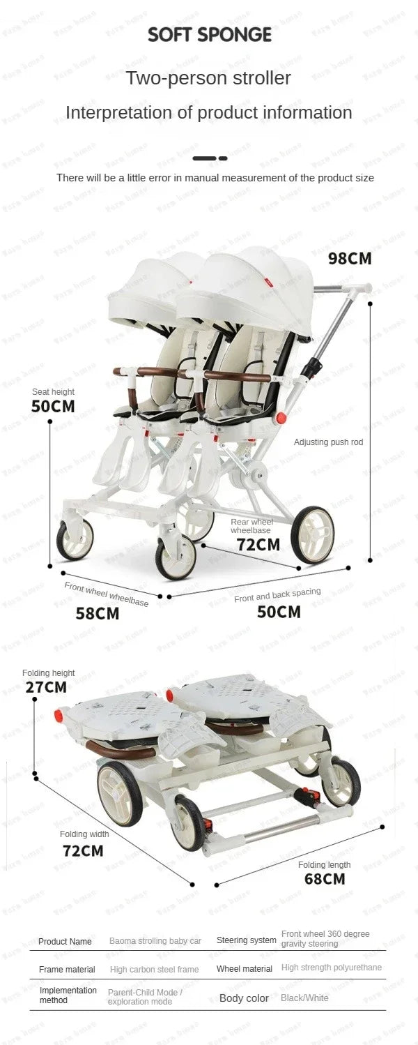 Poussette double légère pliable multifonctionnelle pour jumeaux