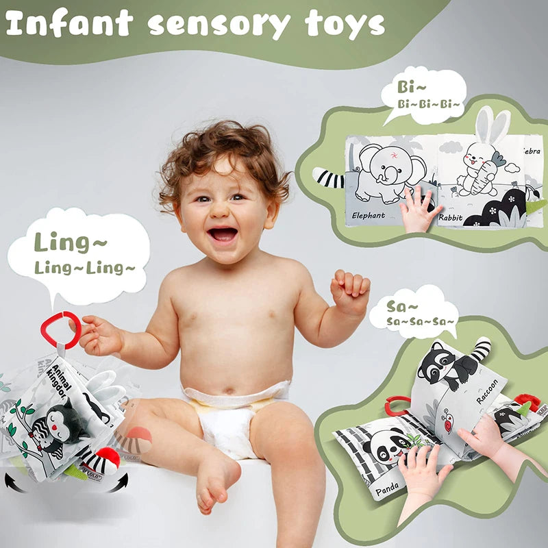 Livre tissu activités Montessori Mybooni — Noir et blanc bébé 0-12M