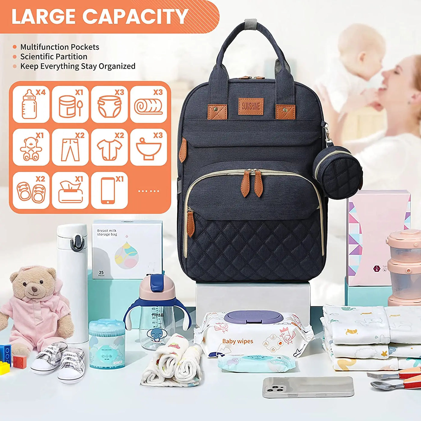 Détail du sac à langer avec lit pliant intégré
