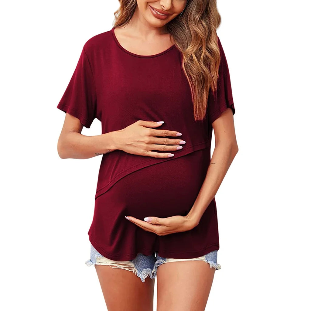 Haut allaitement maternité col rond couleur unie asymétrique - t-shirt décontracté femme enceinte