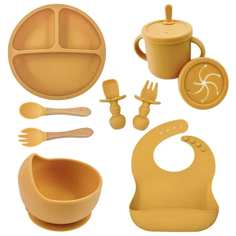 Set vaisselle bébé silicone sans BPA Mybooni — Bol ventouse assiette tasse couverts