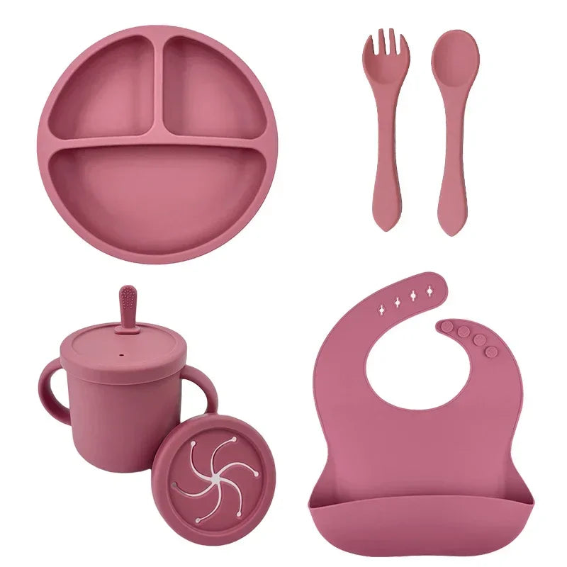 Set repas bébé silicone sans BPA ventouse - bol assiette tasse paille cuillère fourchette enfant