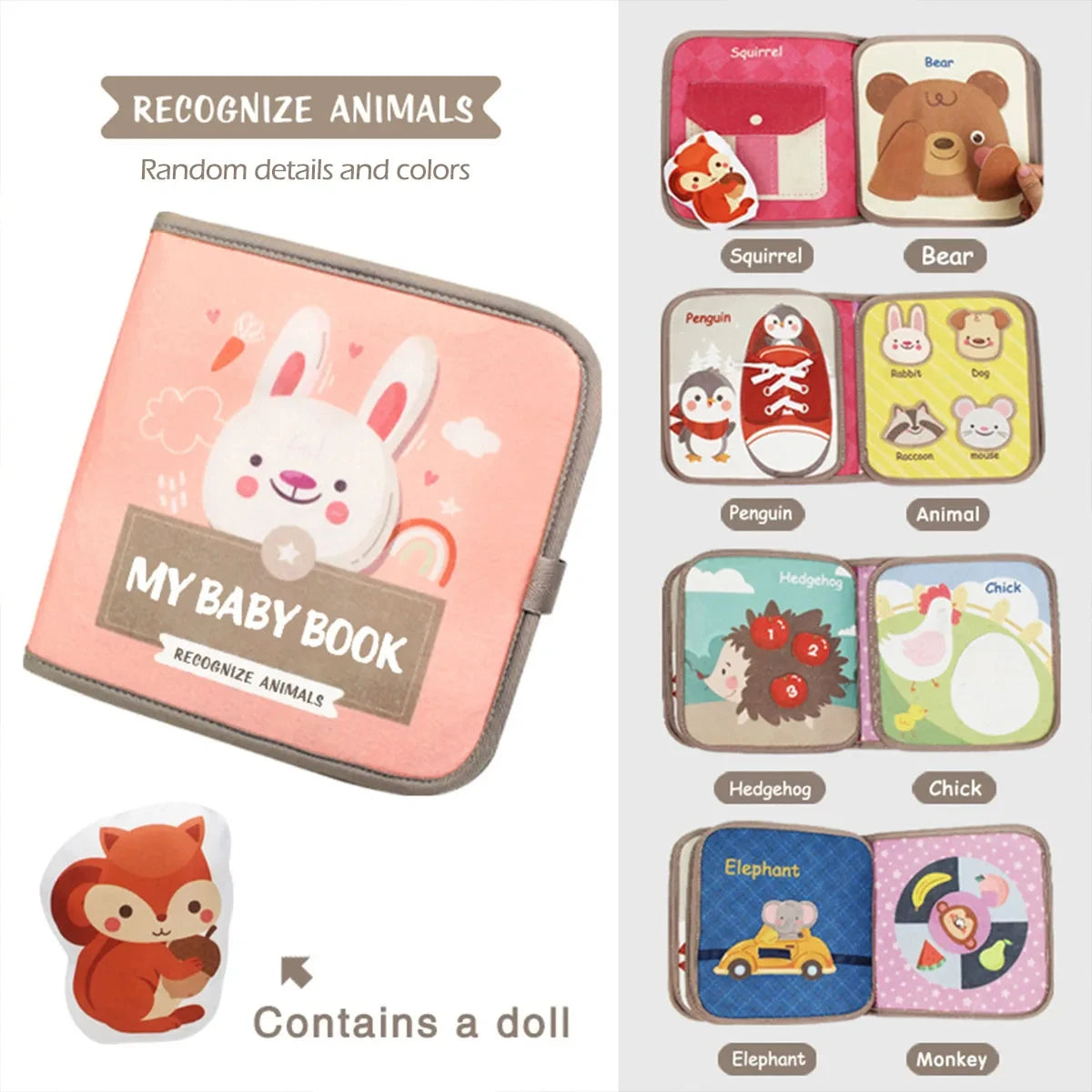 Livre Montessori bébé Mybooni | Activités tissu sensoriel animaux 0-36M