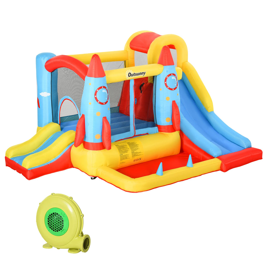 Outsunny Inflatable Castle with 2 Slides Pool J Multicolore en situation d'utilisation