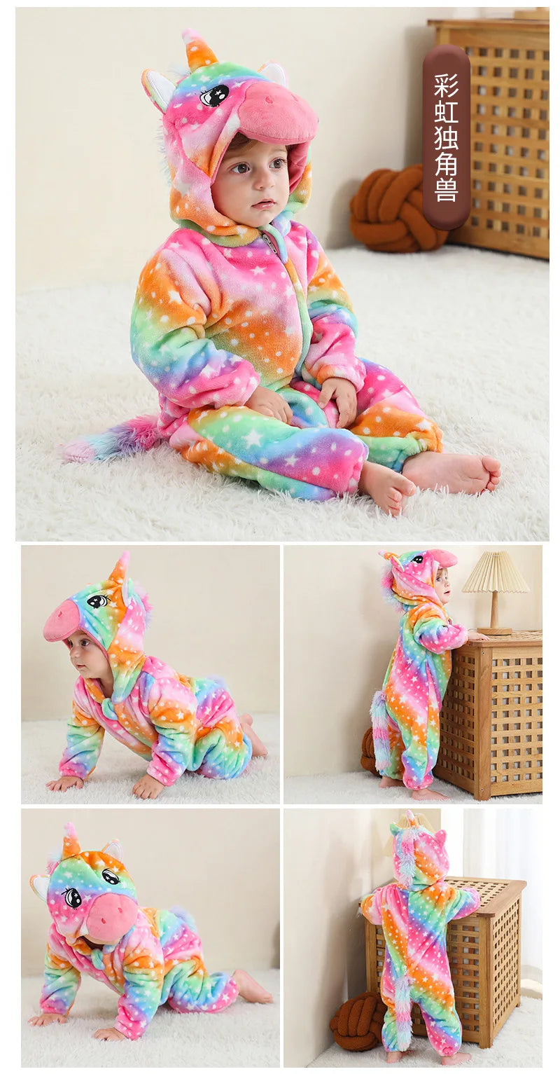 Combinaison pyjama bébé flanelle cartoon - grenouillère licorne/lapin/dinosaure animal