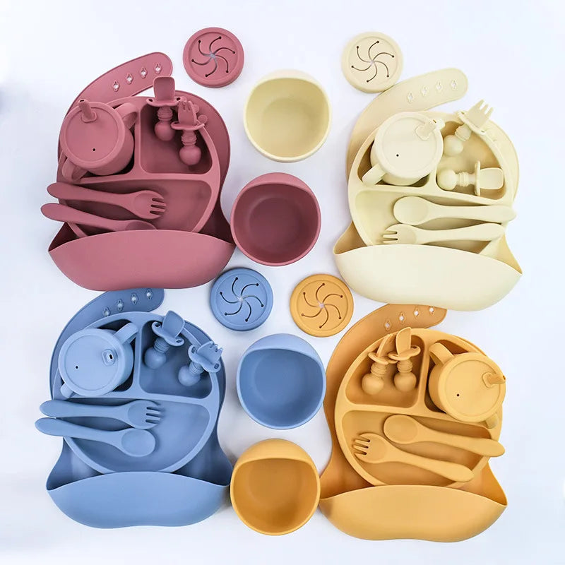Set repas bébé silicone sans BPA ventouse - bol assiette tasse paille cuillère fourchette enfant