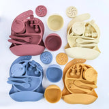 Set repas bébé silicone sans BPA ventouse - bol assiette tasse paille cuillère fourchette enfant