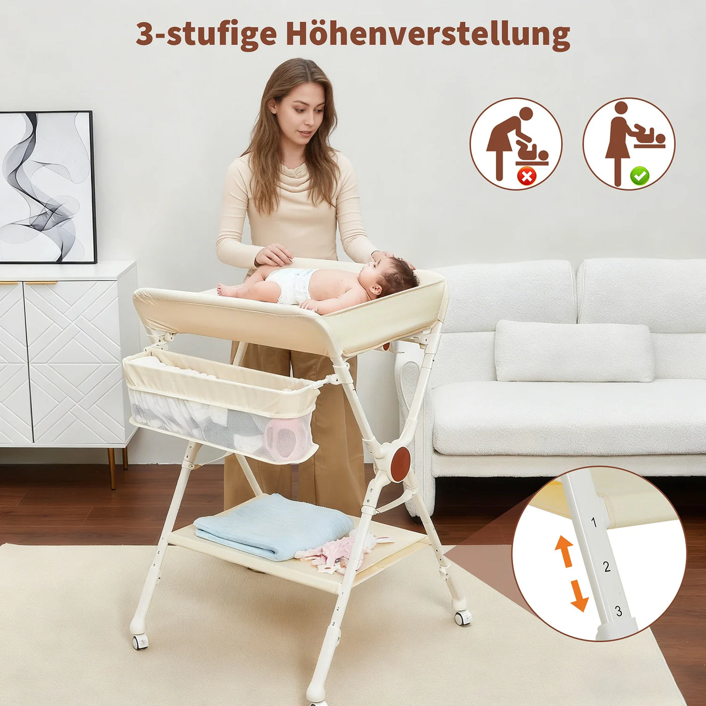 Table à langer réglable Mybooni — Métal et tissu rangement ceinture et roulettes