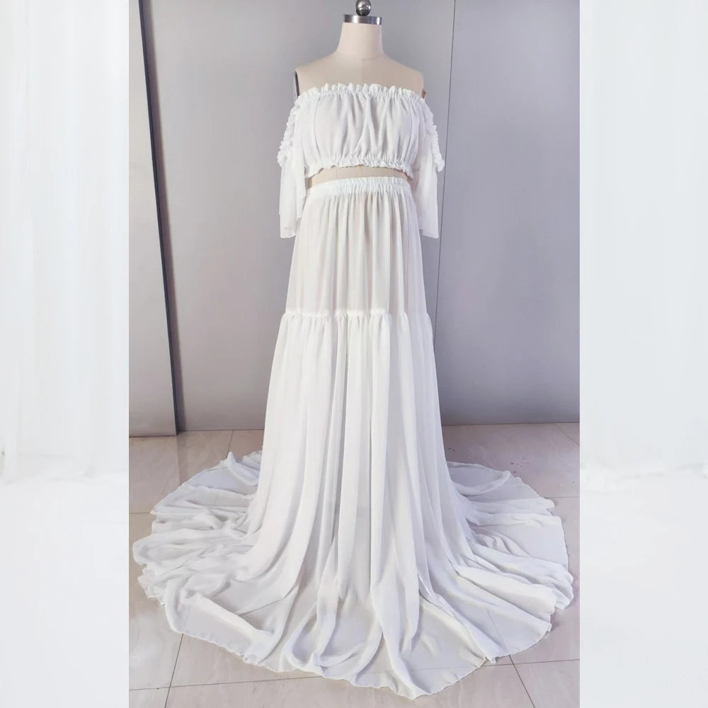 Robe maternité mousseline Mybooni — Épaules dénudées pour photographie grossesse