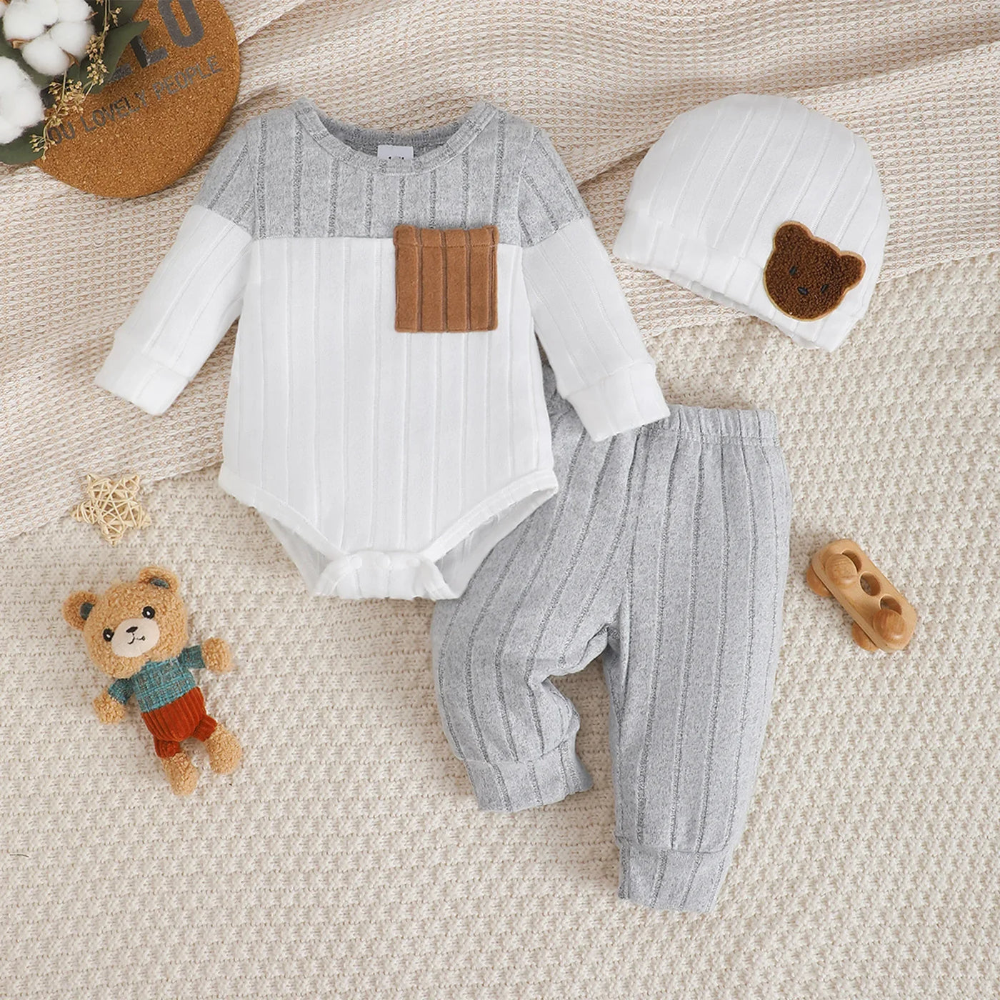 Ensemble 3 pièces bébé garçon rayé Bouni — Haut + Pantalon + Bonnet 0-18M