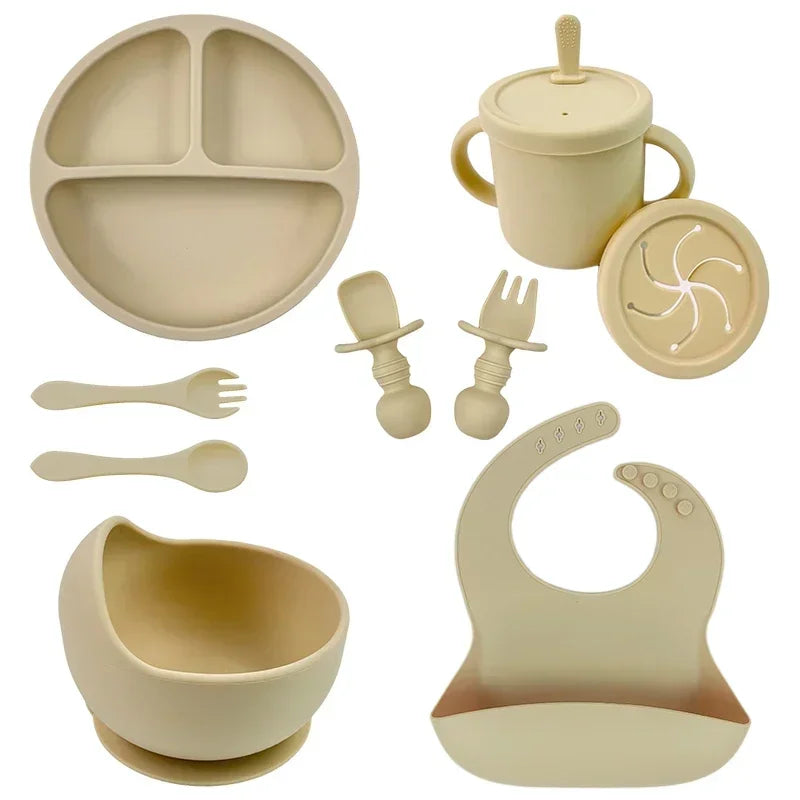 Set repas bébé silicone sans BPA ventouse - bol assiette tasse paille cuillère fourchette enfant