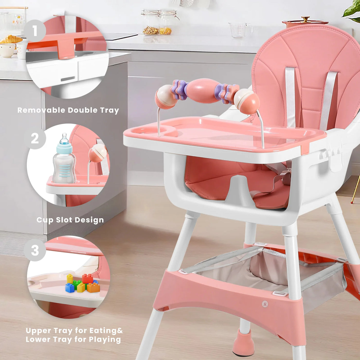 Chaise haute bébé convertible portable double plateau et barre jouets