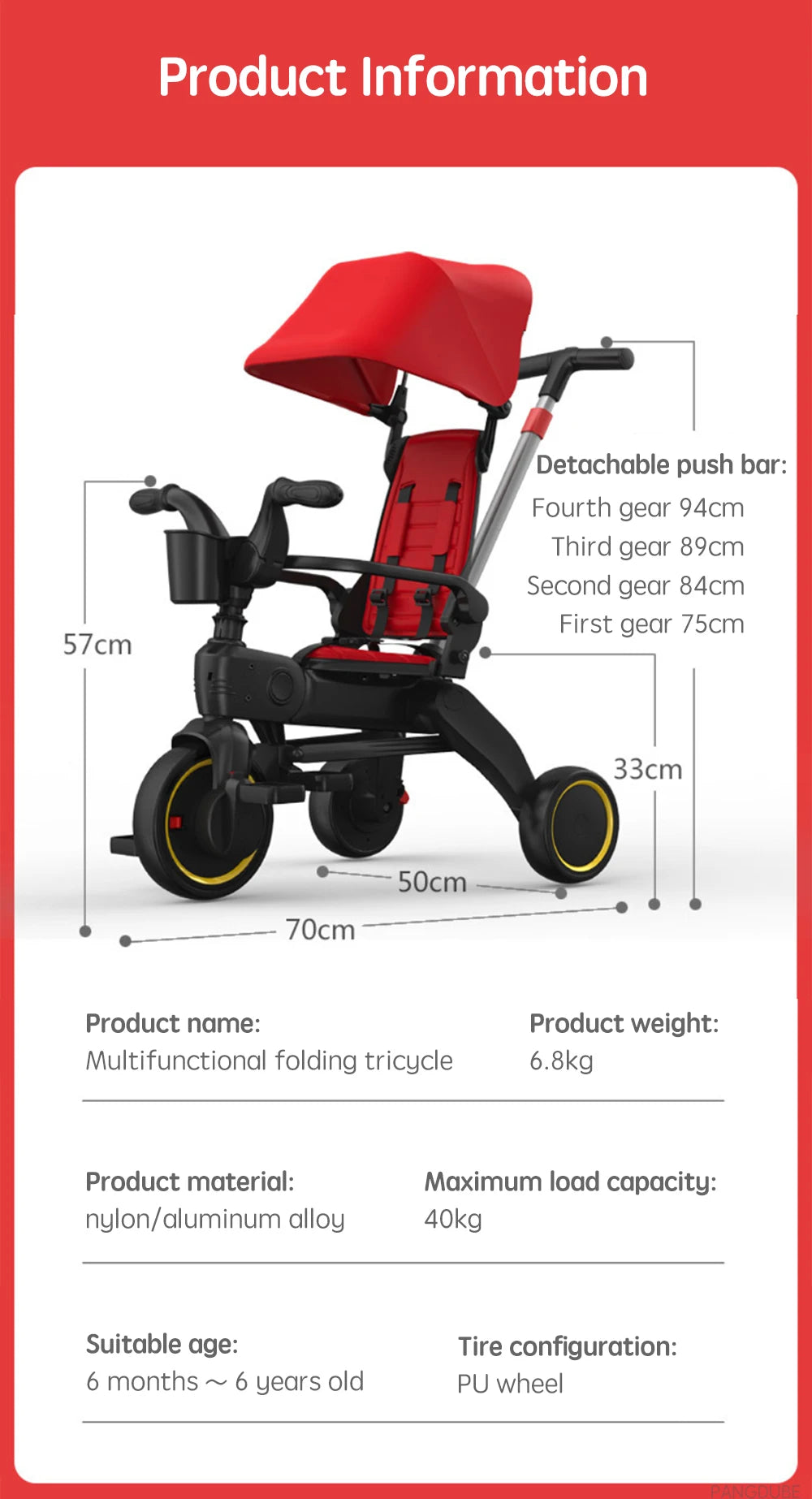 Poussette PANGDUBE pliable 6,8 kg légère tricycle bébé 1-6 ans