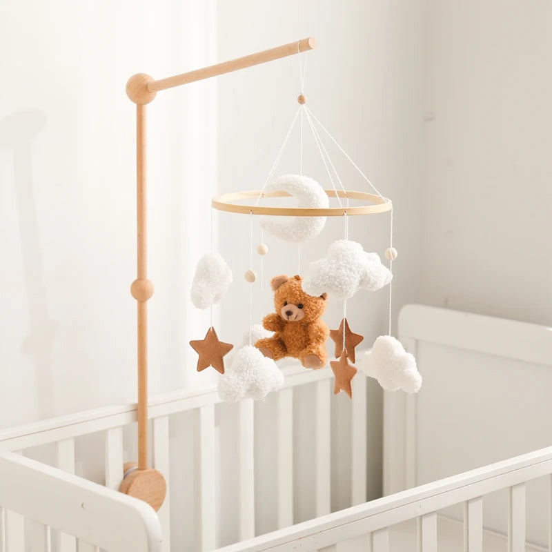 Mobile lit bébé bois feutrine ours cartoon - carillon musical avec support berceau