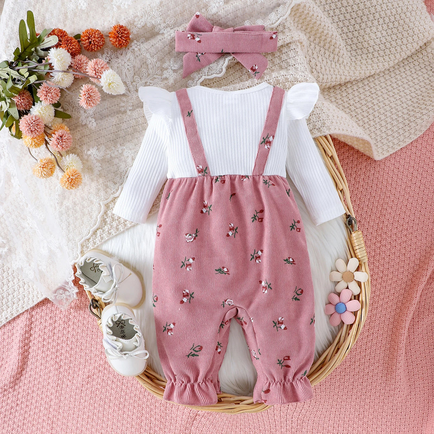 Barboteuse bébé fille floral Mybooni — Grenouillère manches longues avec bandeau