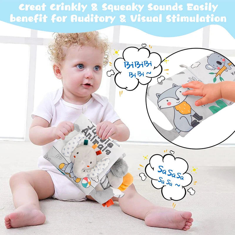 Livre tissu sensoriel 3D bébé Mybooni — Hochet contraste élevé animaux 0-12M
