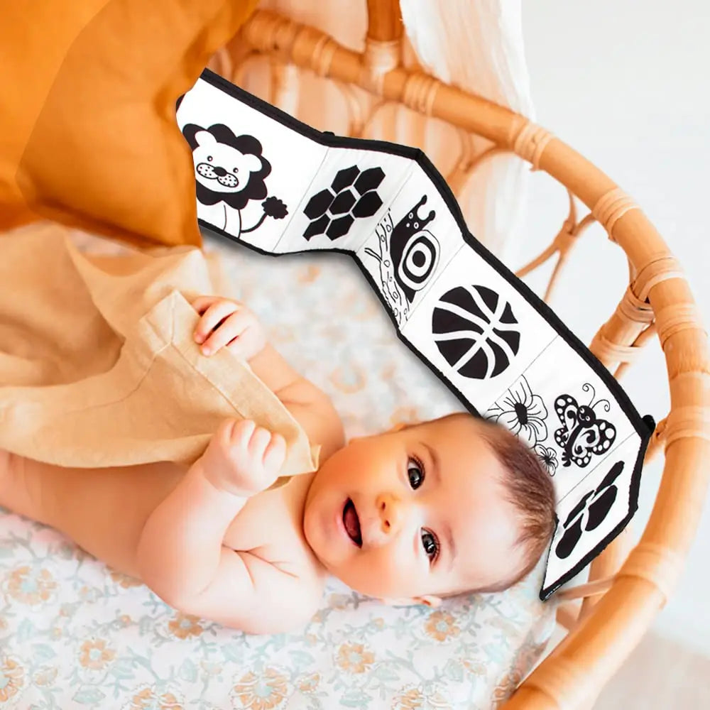 Livre tissu bébé Mybooni — Noir et blanc activités sensorielles nouveau-né