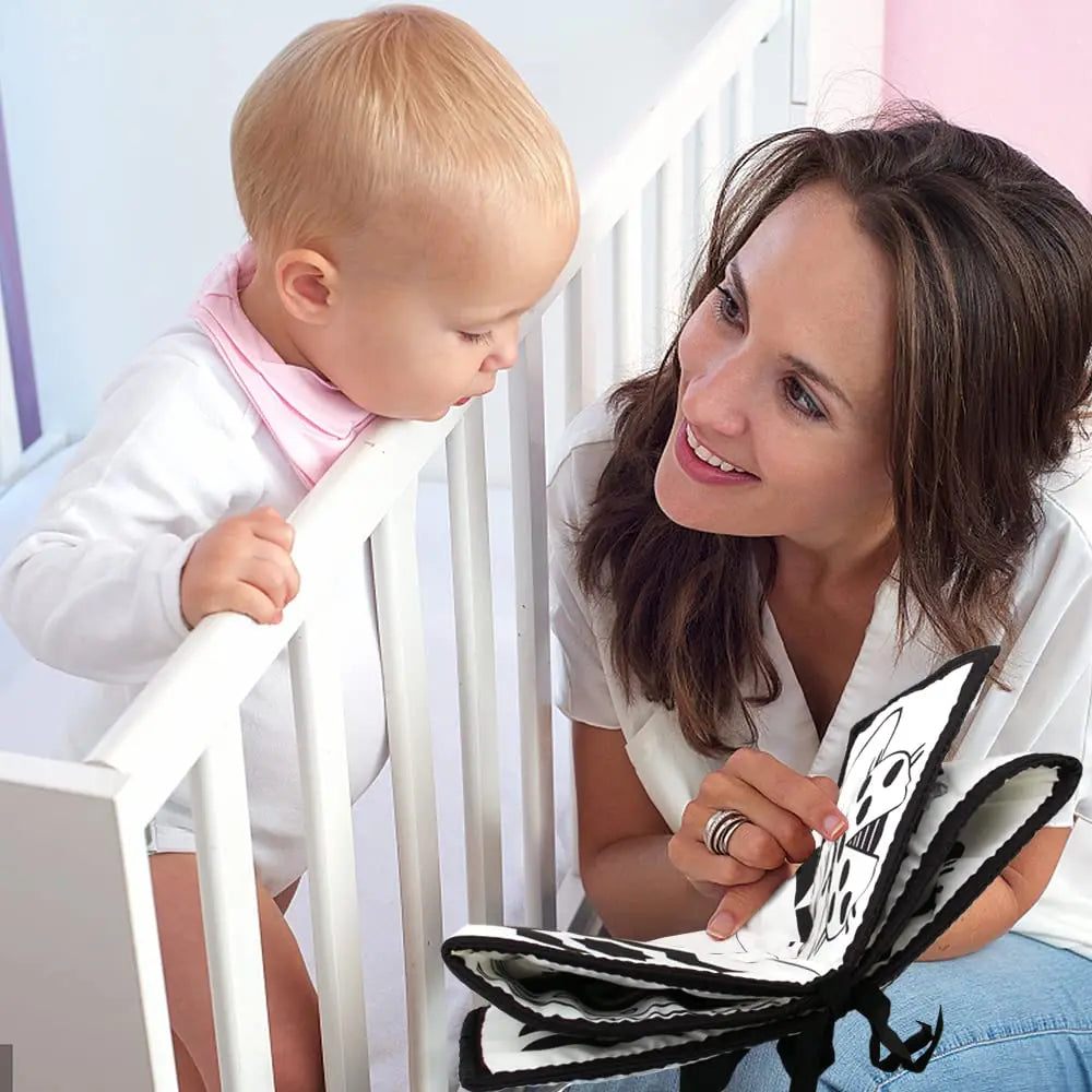 Livre tissu bébé Mybooni — Noir et blanc activités sensorielles nouveau-né