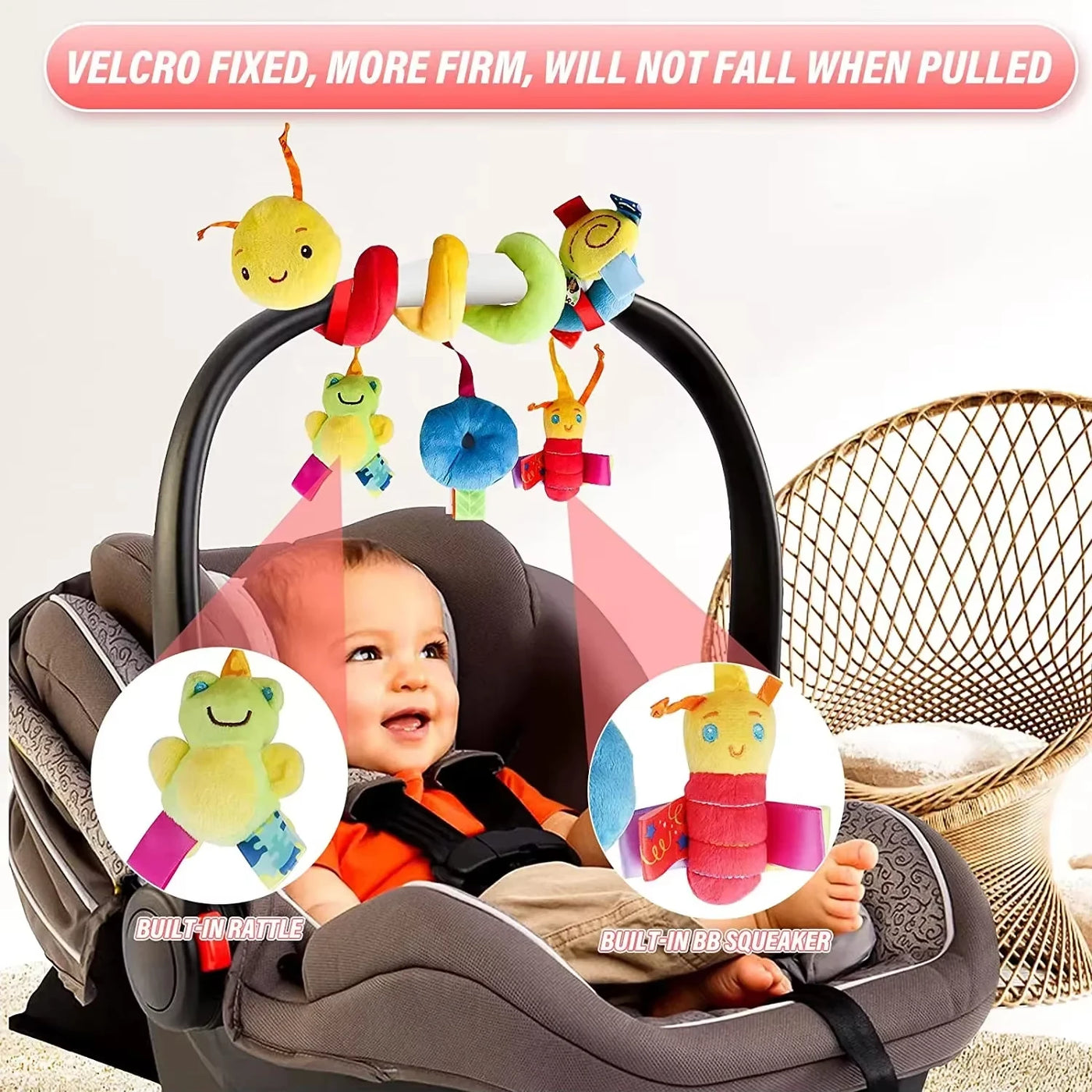 Hochets suspendus lit bébé Mybooni — Jouet doux spirale poussette et landau