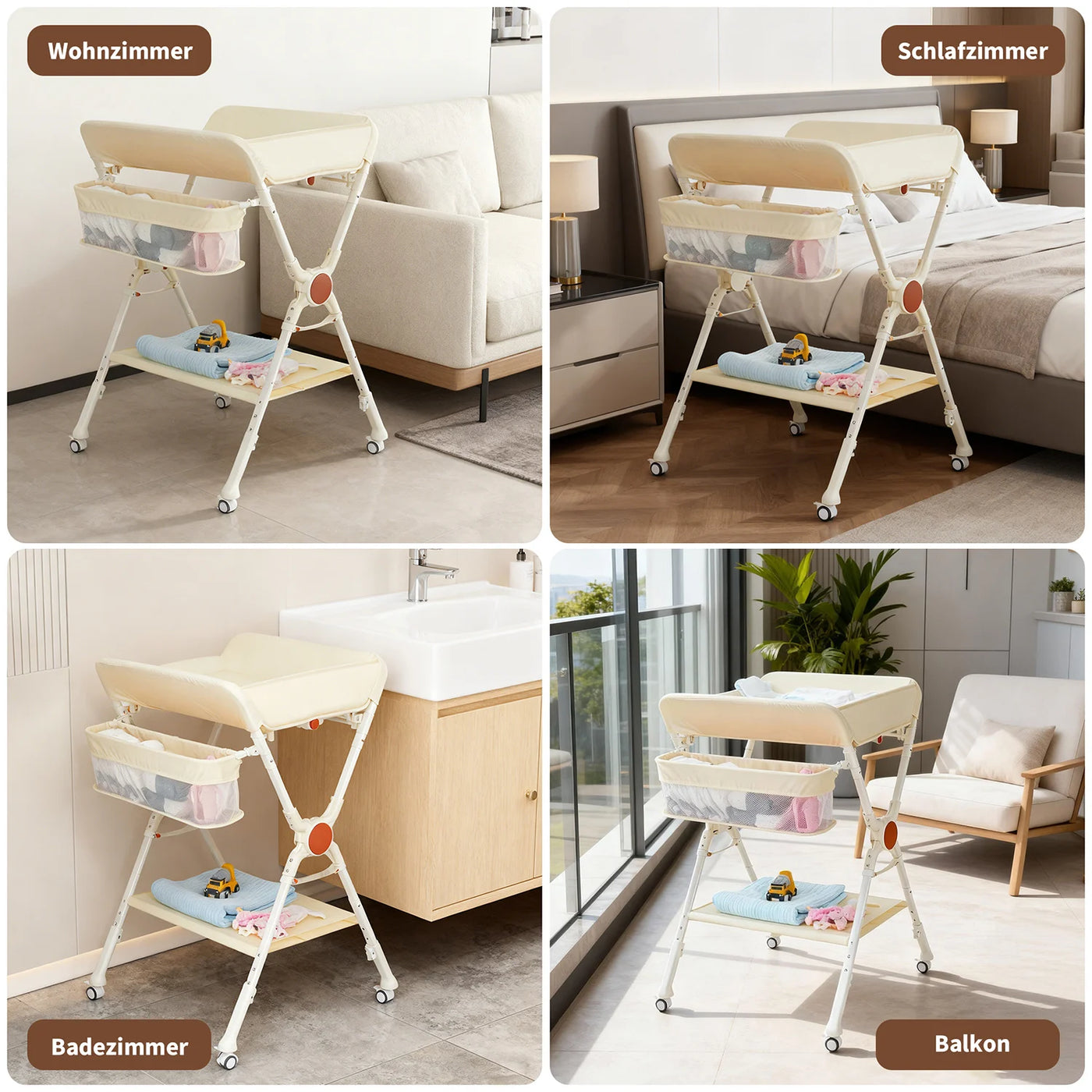 Table à langer réglable Mybooni — Métal et tissu rangement ceinture et roulettes